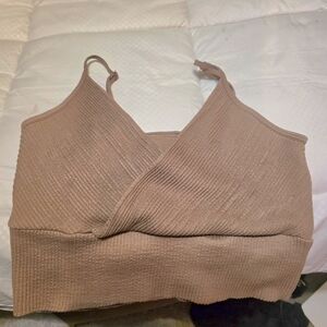 Aura Tan/ Beige Ribbed Crossover Crop Top/ Bra Size M-L